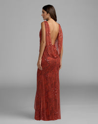 Mac Duggal #94263 red floral embellished sleeveless column gown back view