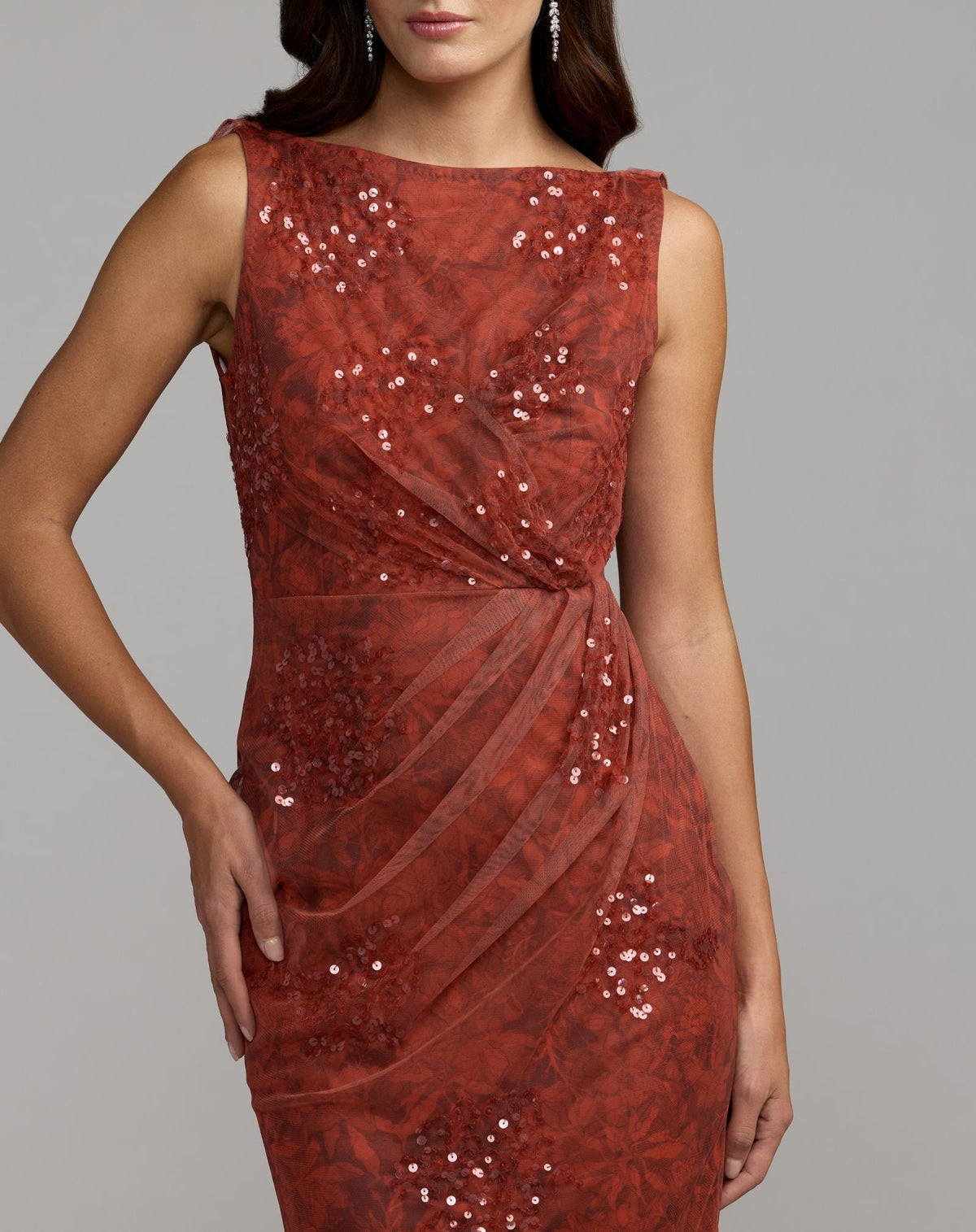 Mac Duggal #94263 red floral embellished sleeveless column gown close-up