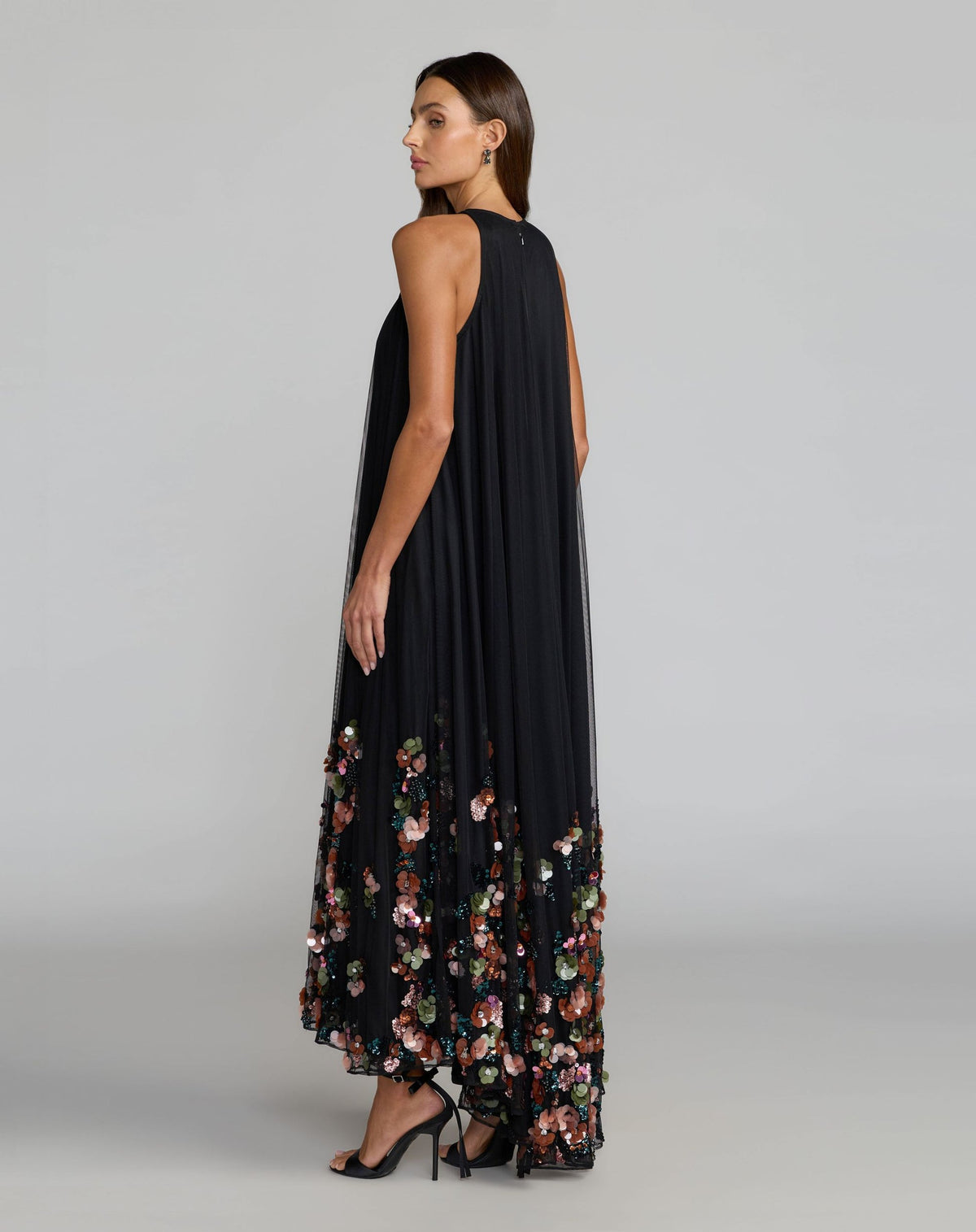 Back view of Mac Duggal 94270 sleeveless black embellished mesh gown