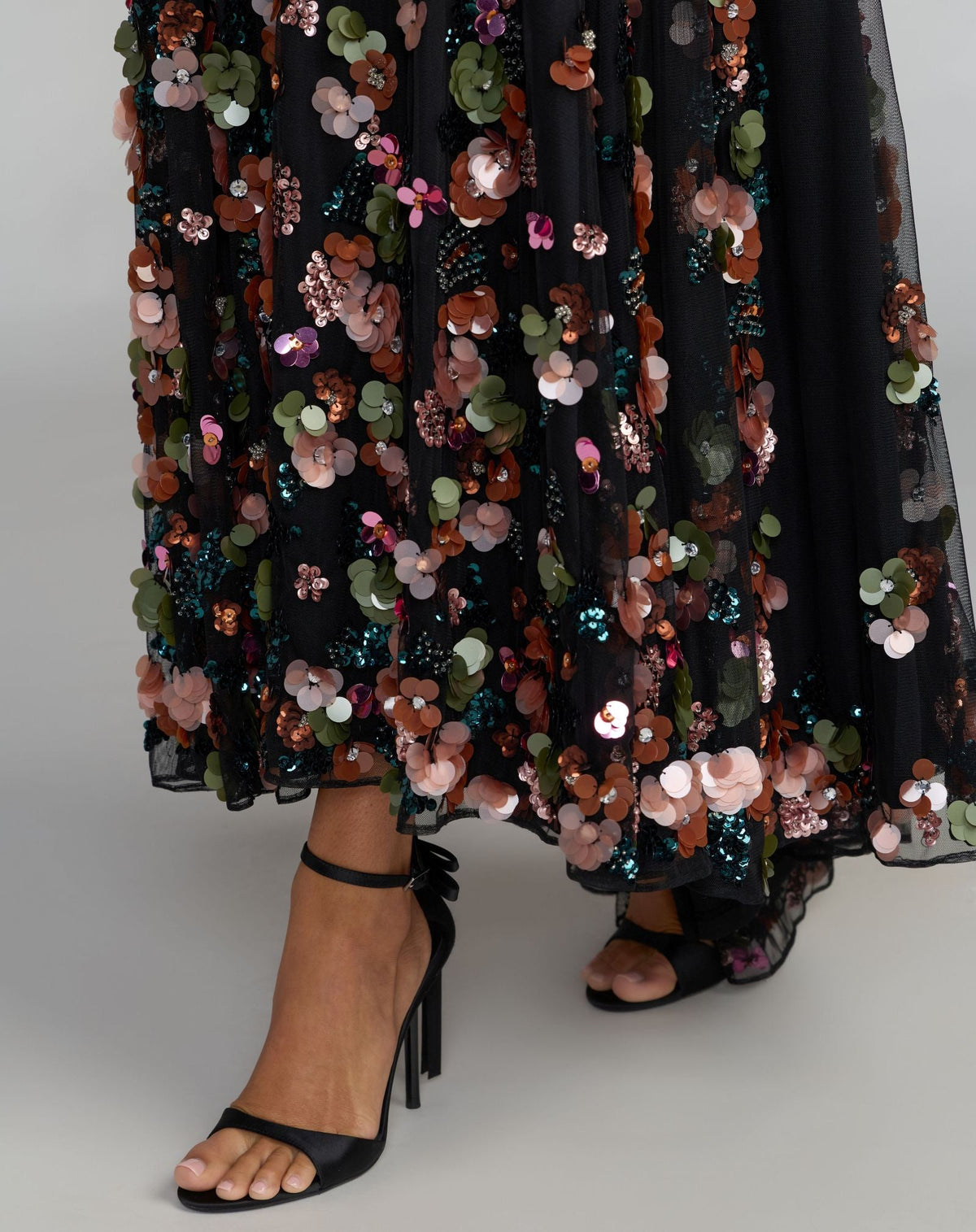 Close-up detail of 3D floral sequins and beadwork on Mac Duggal gown 94270