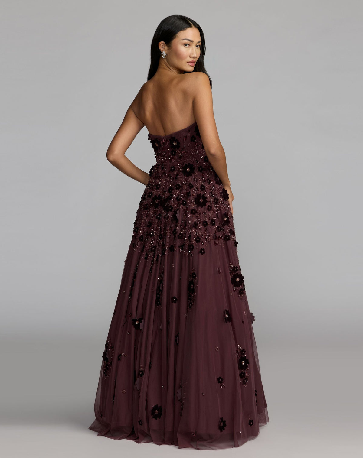 Mac Duggal #94271 amethyst floral embellished strapless ball gown back view
