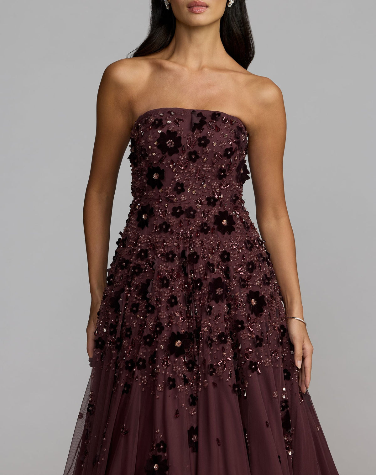 Mac Duggal #94271 amethyst floral embellished strapless ball gown close-up