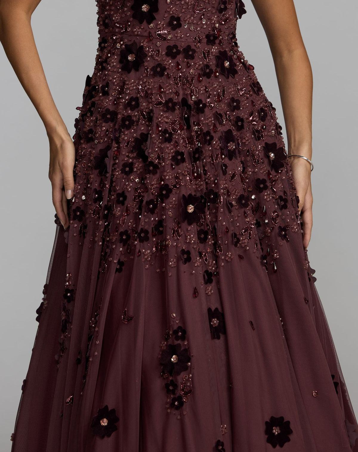 Mac Duggal #94271 amethyst floral embellished strapless ball gown close-up