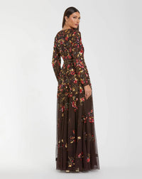 Brown Long Sleeve Floral Embellished Evening Gown - Back