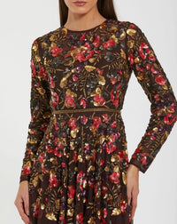 Brown Long Sleeve Floral Embellished Evening Gown - Close Up