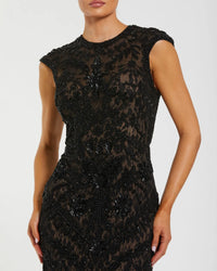 Embellished Lace Cap Sleeve Evening Gown - Black