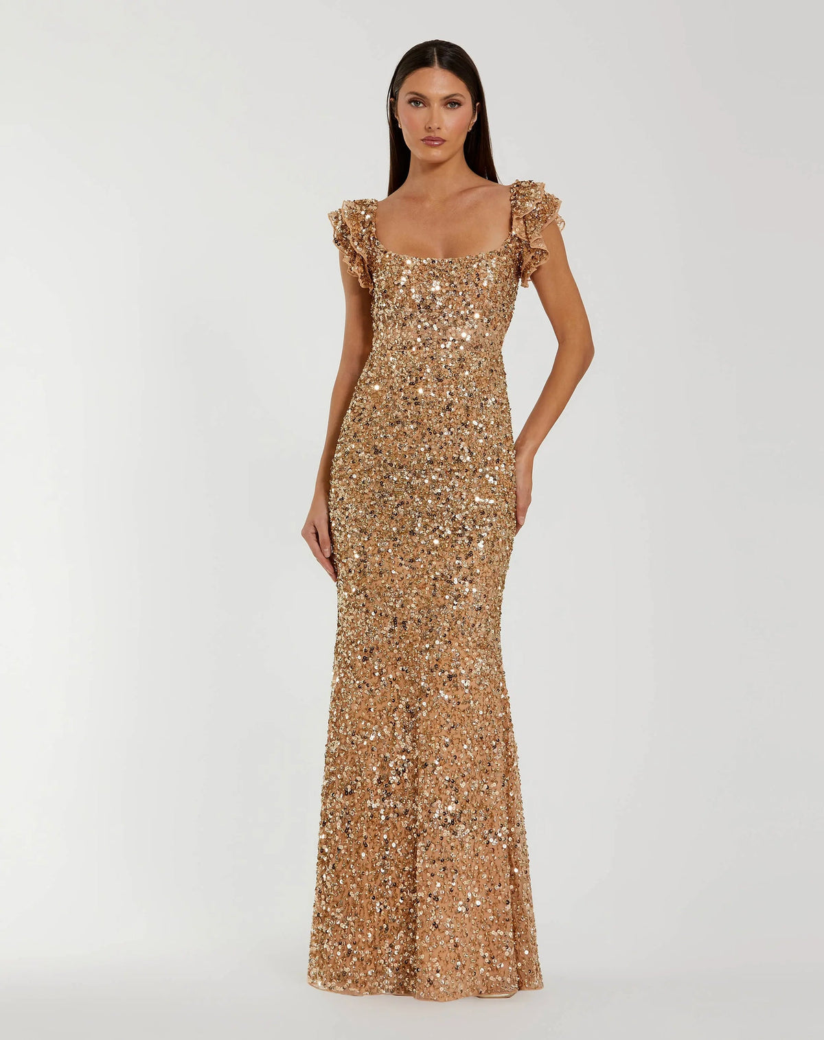 Mac Duggal Gold Sequin Flutter Sleeve Trumpet Gown - Gold Nude #94279