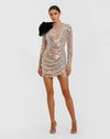 Mac Duggal Silver Long Sleeve Embellished Mini Dress with Velvet Flower #94284