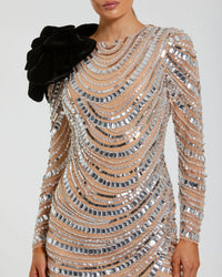 Mac Duggal Silver Long Sleeve Embellished Mini Dress with Velvet Flower #94284
