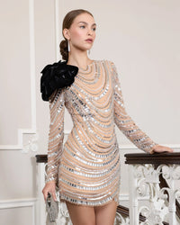 Mac Duggal Silver Long Sleeve Embellished Mini Dress with Velvet Flower #94284