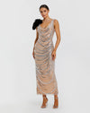Mac Duggal Silver Nude Sequin Cowl Midi Dress with Velvet Flower Silver Nude #94285