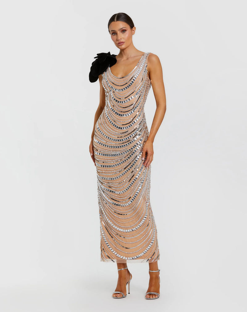 Mac Duggal Silver Nude Sequin Cowl Midi Dress with Velvet Flower Silver Nude #94285