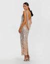 Mac Duggal Silver Nude Sequin Cowl Midi Dress with Velvet Flower Silver Nude #94285