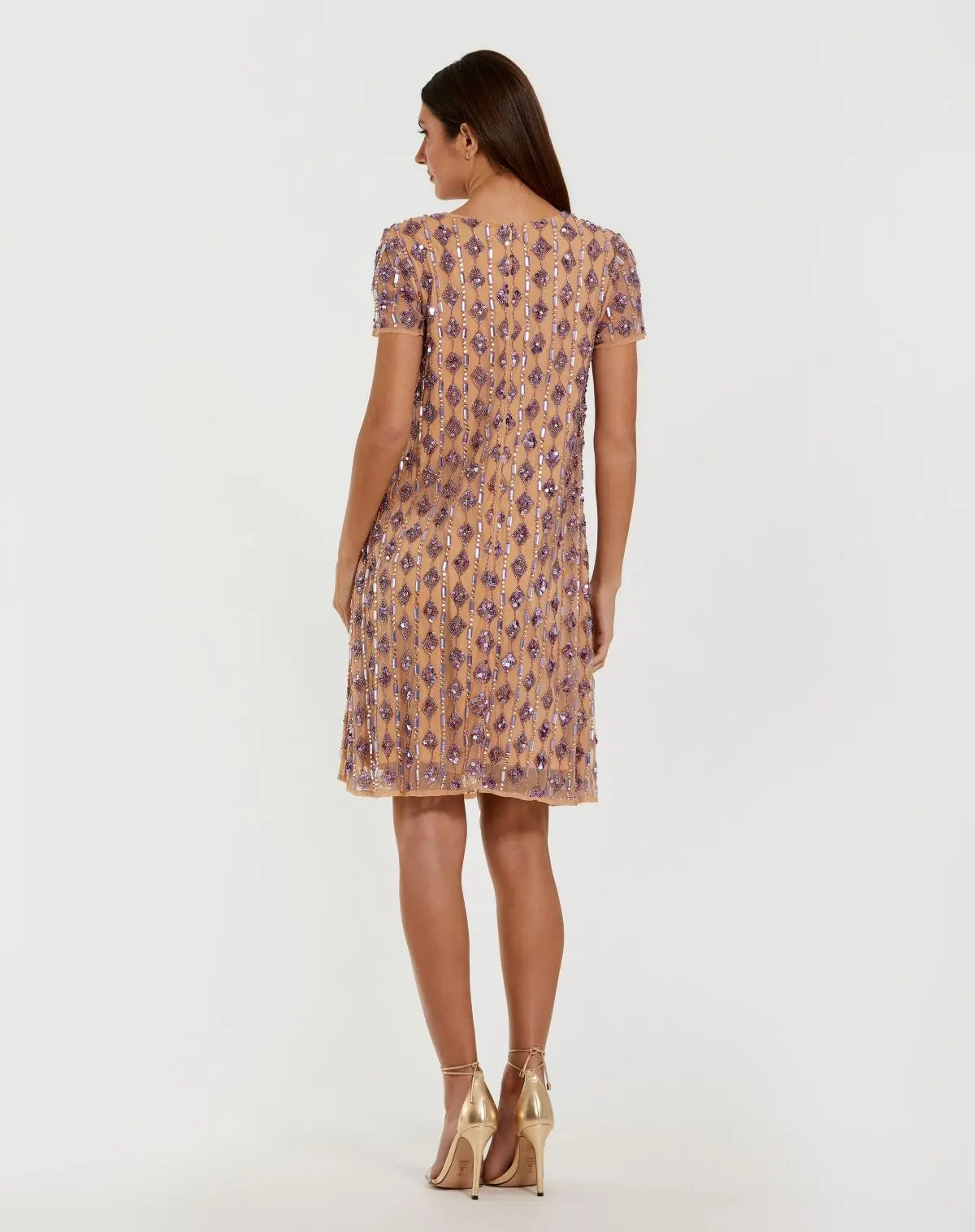 Beige Embellished Short Sleeve Shift Dress - Back