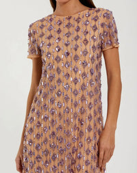 Beige Embellished Short Sleeve Shift Dress - Close Up