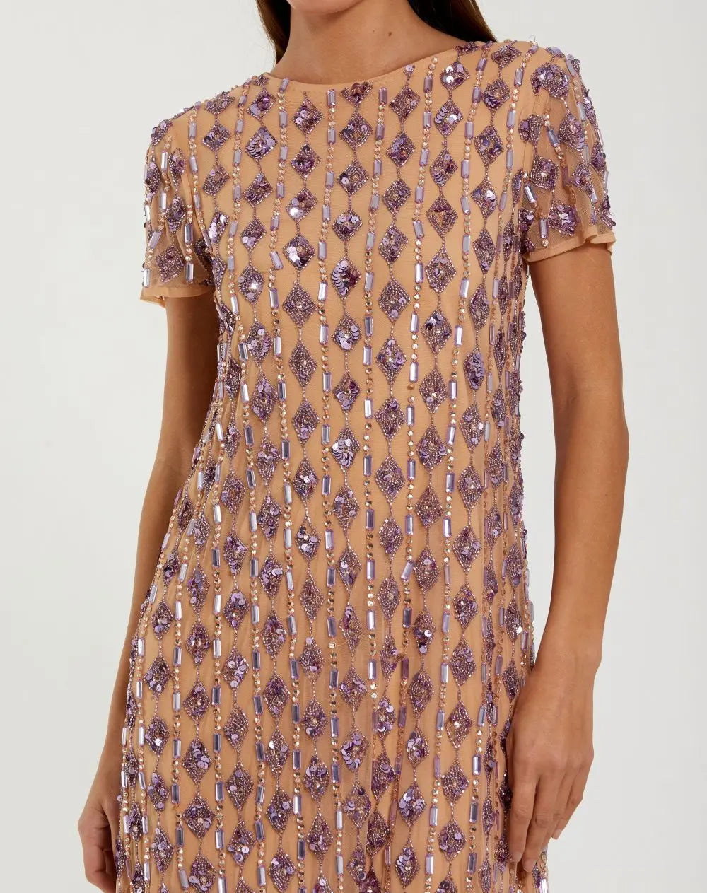 Beige Embellished Short Sleeve Shift Dress - Close Up