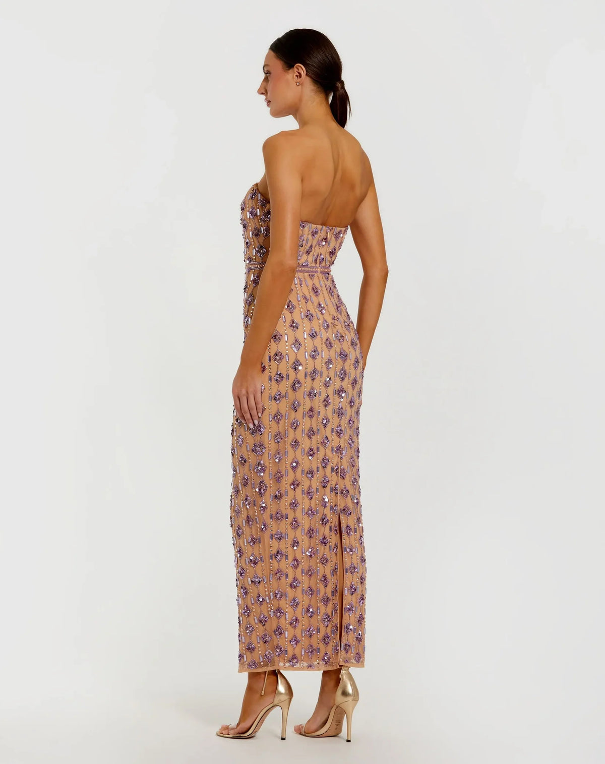 Mac Duggal Beige and Purple Beaded Strapless Column Dress #94293