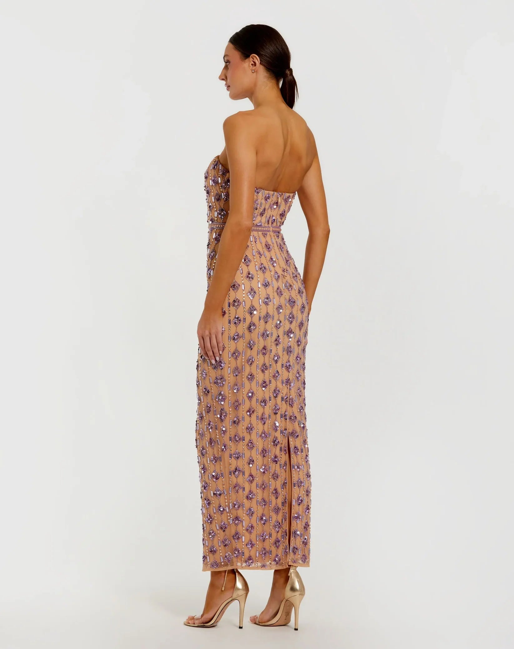 Mac Duggal Beige and Purple Beaded Strapless Column Dress #94293