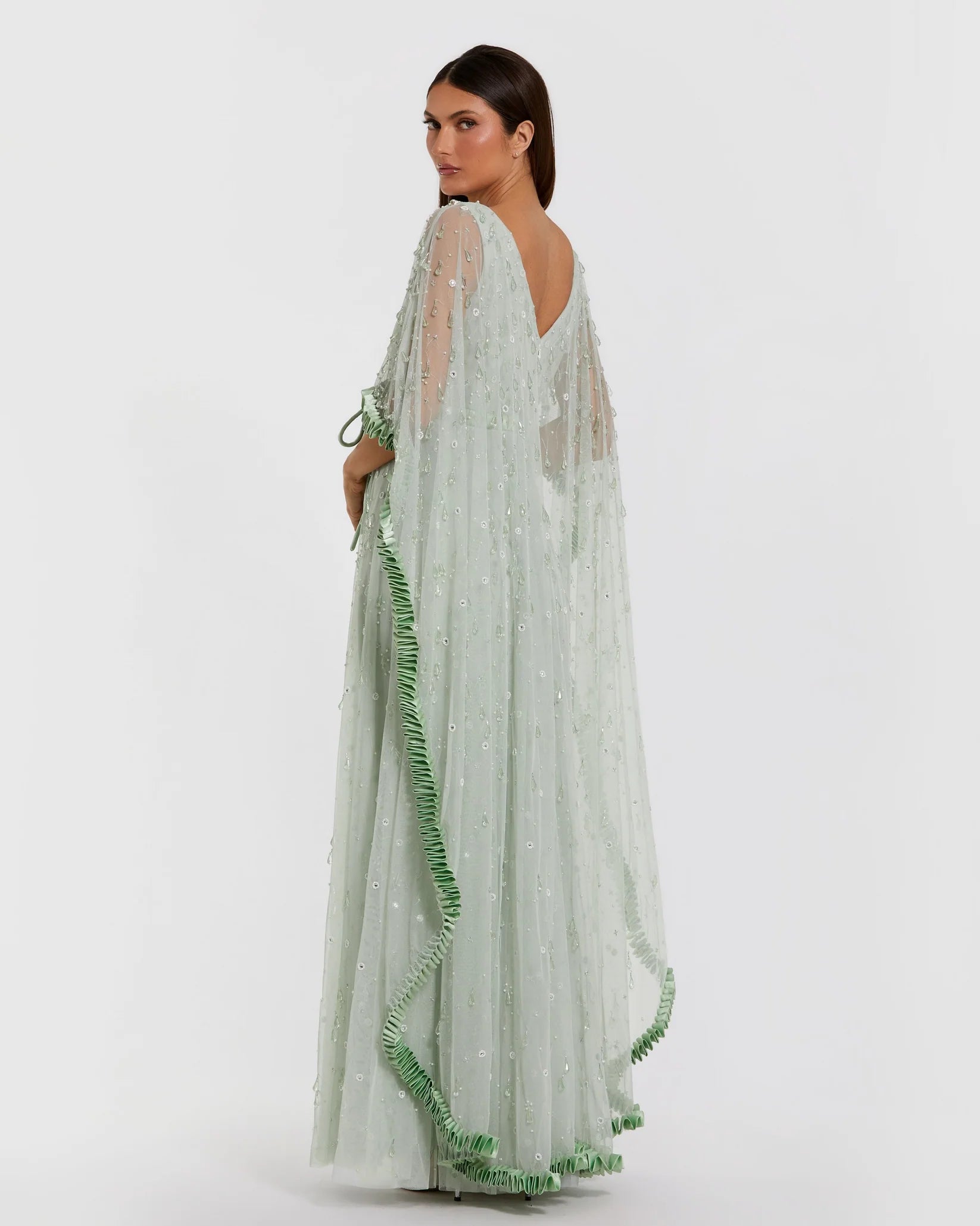 Mac Duggal Green Beaded Cape Sleeve Gown with Ruffle Trim #94294 Jade Green