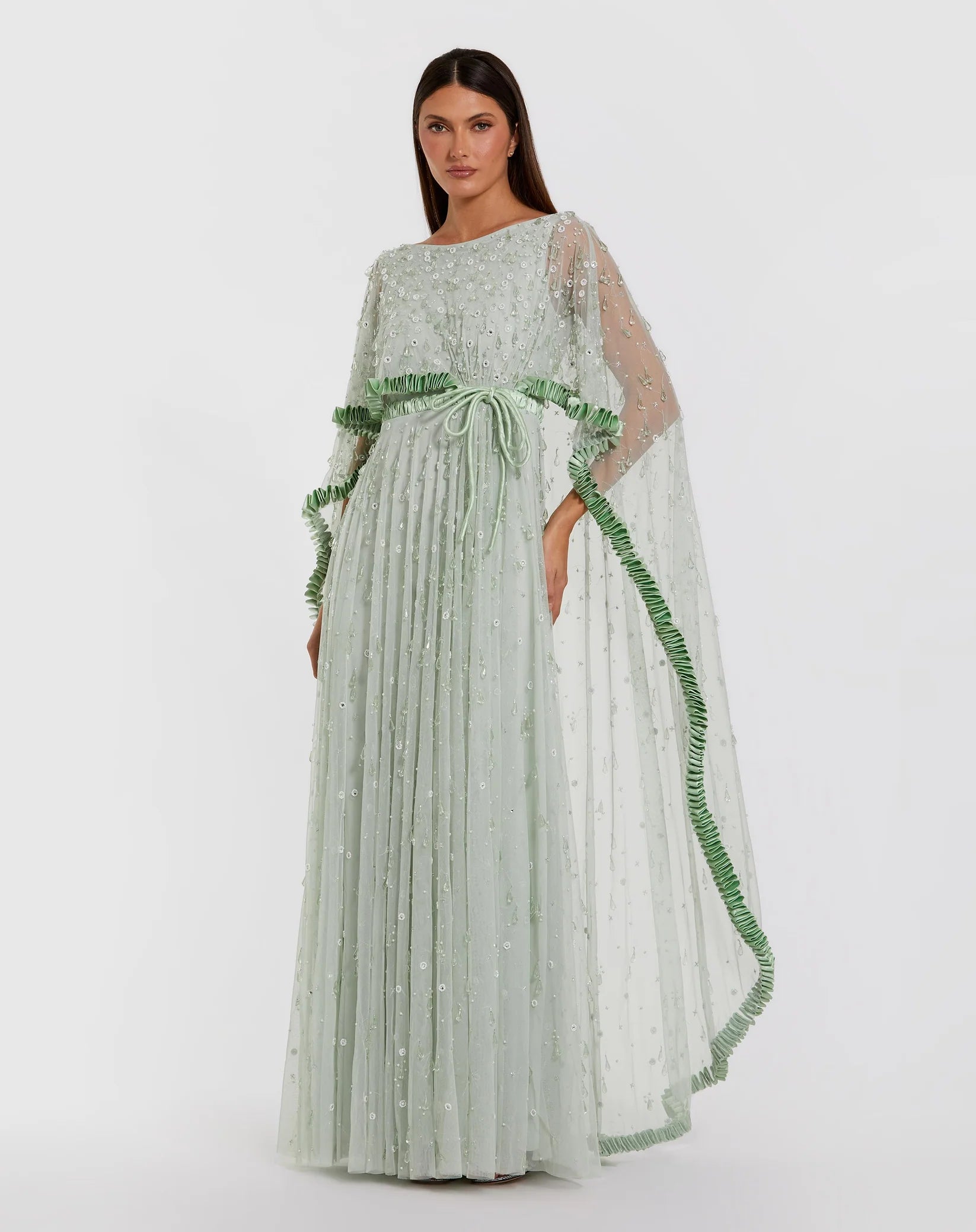 Mac Duggal Green Beaded Cape Sleeve Gown with Ruffle Trim #94294 Jade Green