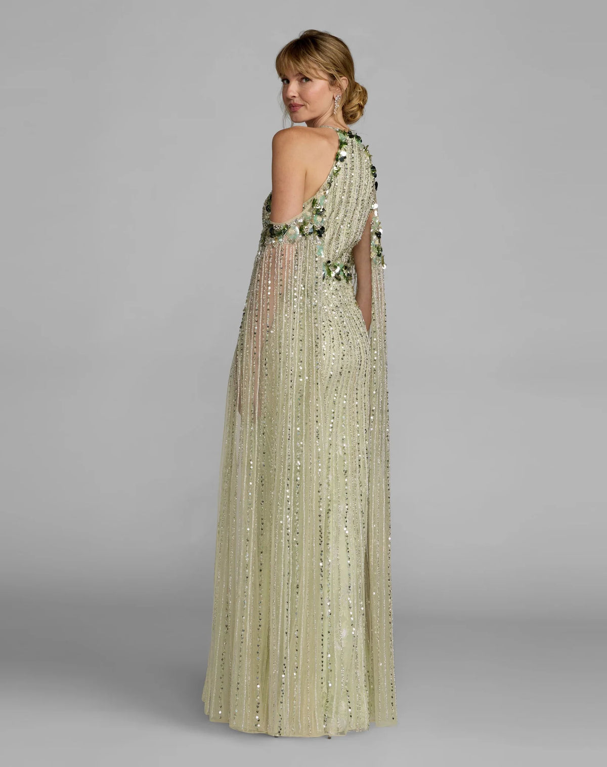 Green Embellished Column Gown With Cape Sleeves