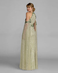 Green Embellished Column Gown With Cape Sleeves