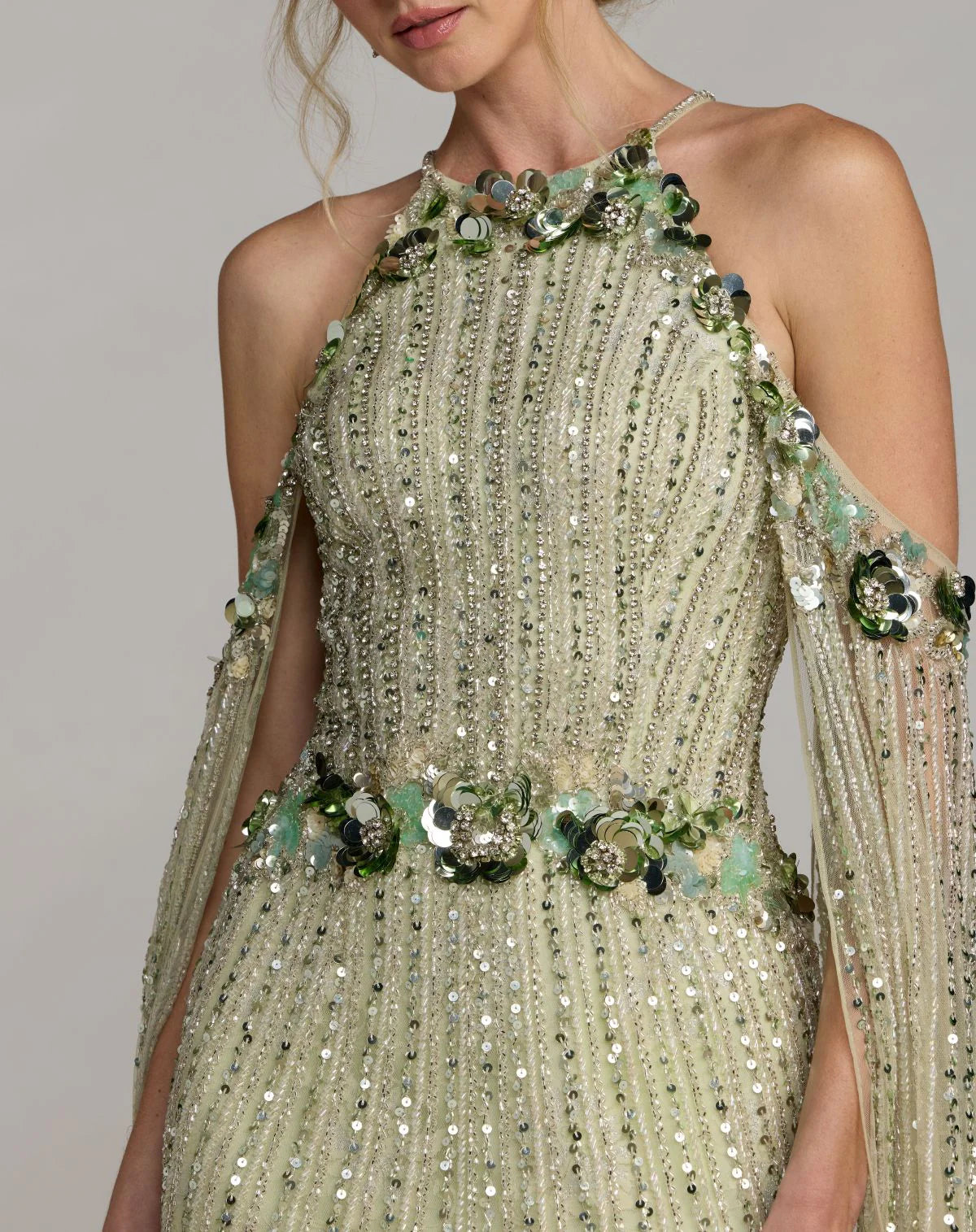 Green Embellished Column Gown With Cape Sleeves