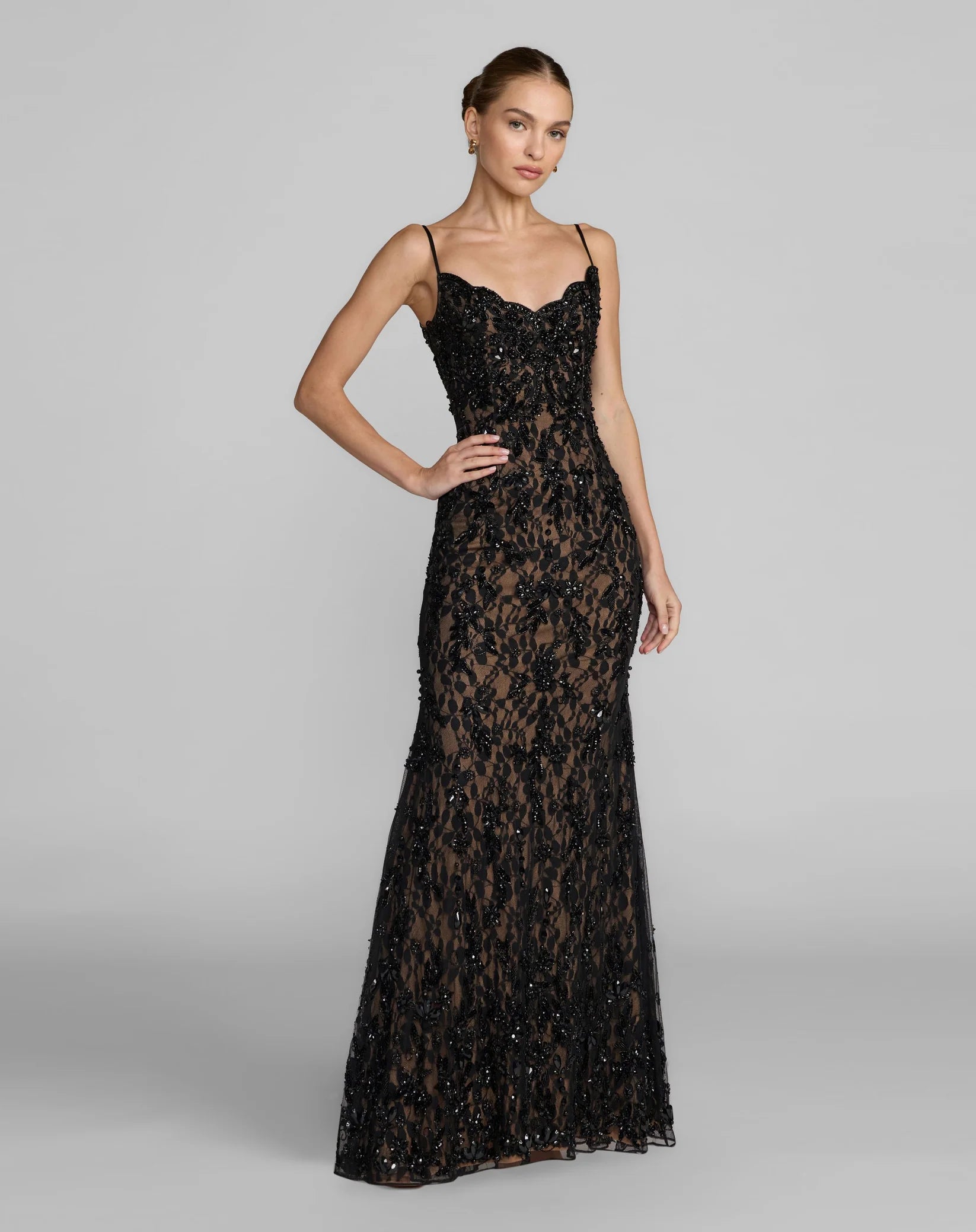 Mac Duggal #94311 Beaded Lace Spaghetti Strap Mermaid Gown Black Nude