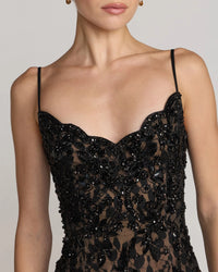 Beaded Lace Spaghetti Strap Mermaid Gown - Black Nude