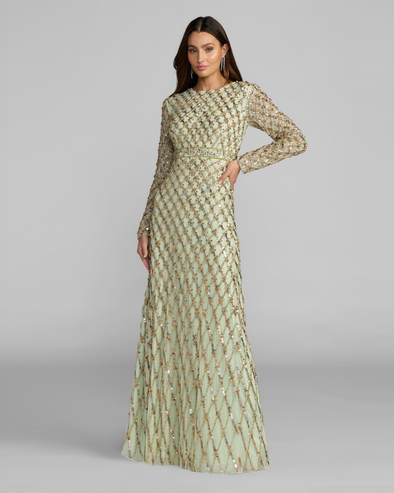 Long Sleeve High Neck Embellished Gown