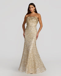 Strapless mermaid gown with 3D floral appliqué - Gold