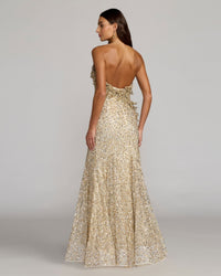Strapless mermaid gown with 3D floral appliqué - Gold