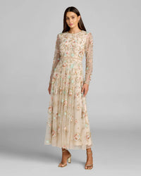 Mac Duggal Beige Floral Embellished Long Sleeve Midi Dress #94336 