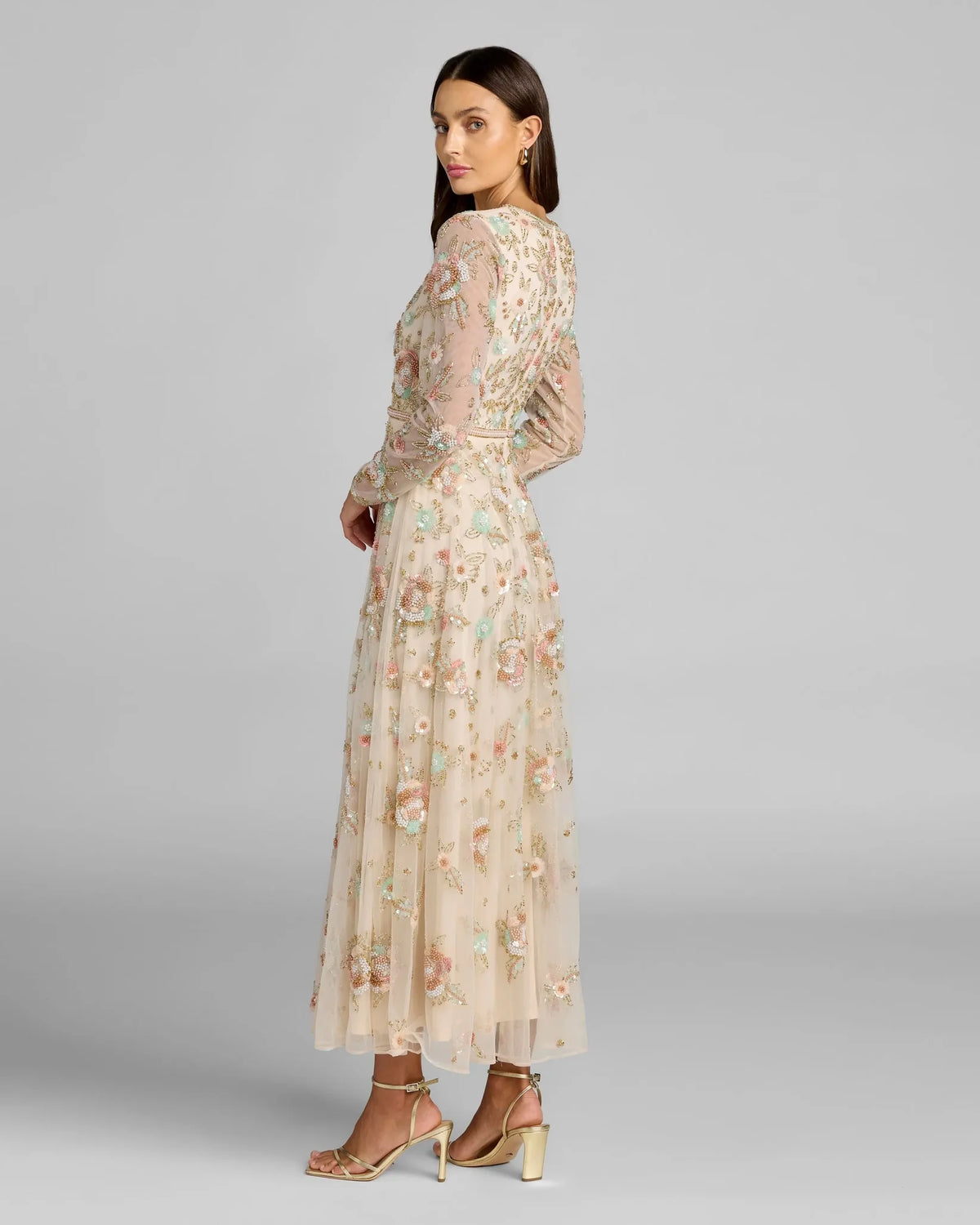 Mac Duggal Beige Floral Embellished Long Sleeve Midi Dress #94336 