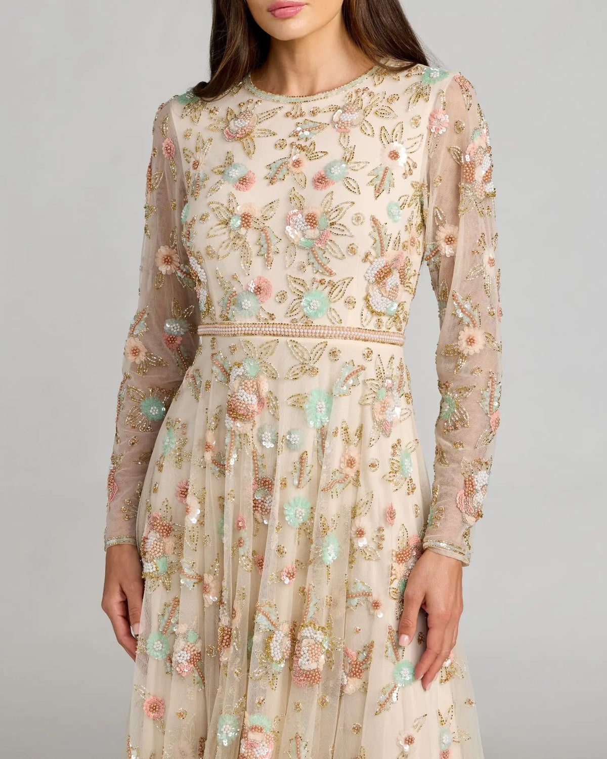 Mac Duggal Beige Floral Embellished Long Sleeve Midi Dress #94336 