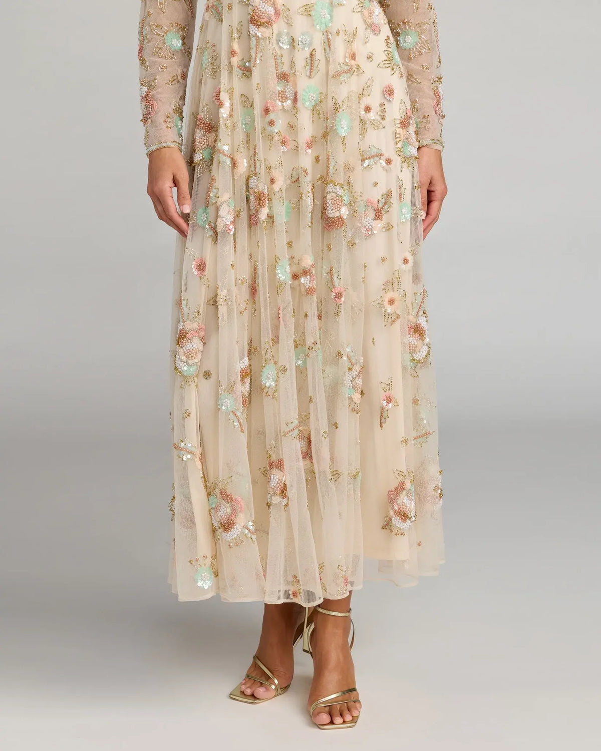 Mac Duggal Beige Floral Embellished Long Sleeve Midi Dress #94336 