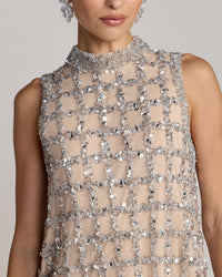 Mac Duggal #94338 silver nude crystal lattice detail