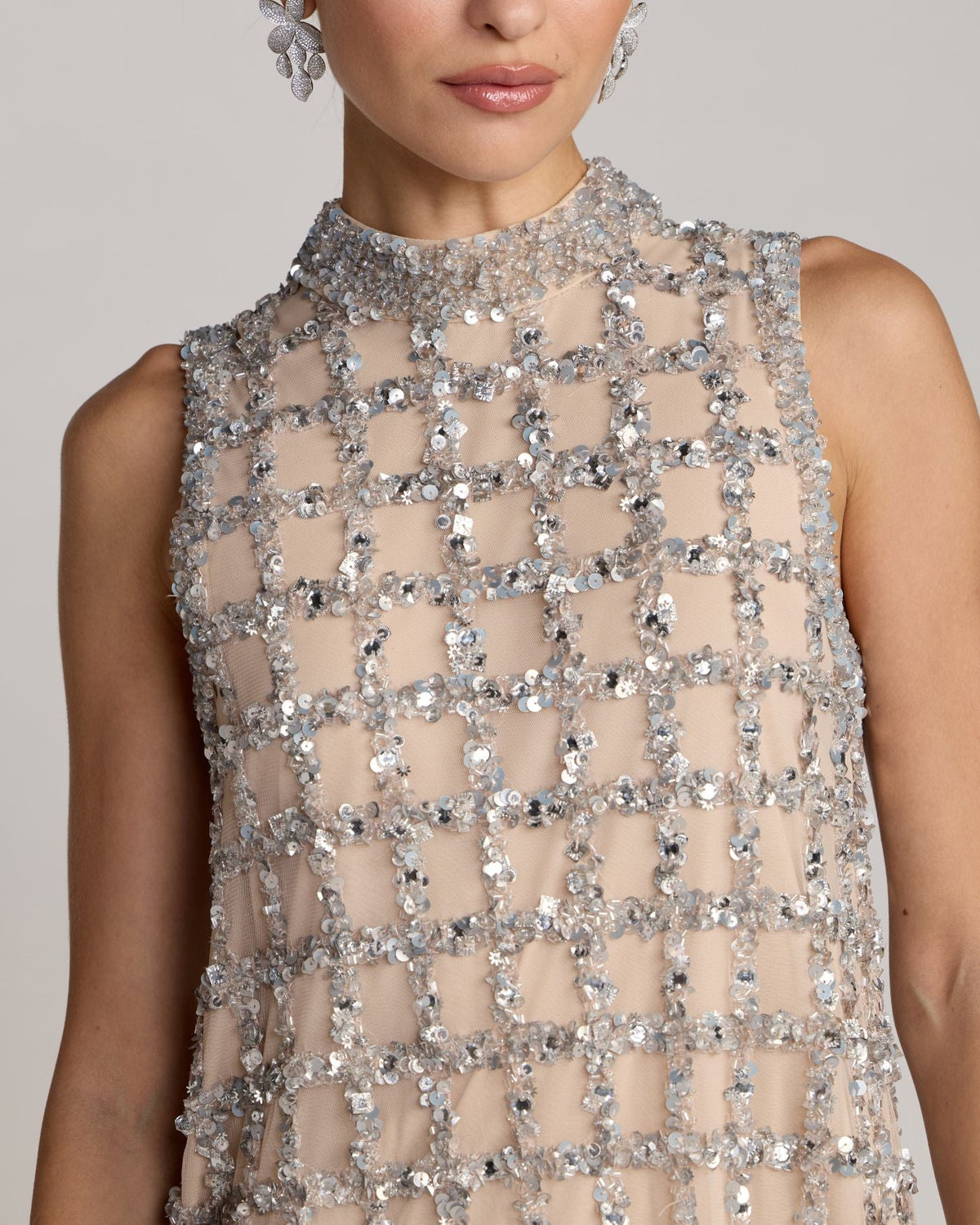 Mac Duggal #94338 silver nude crystal lattice detail