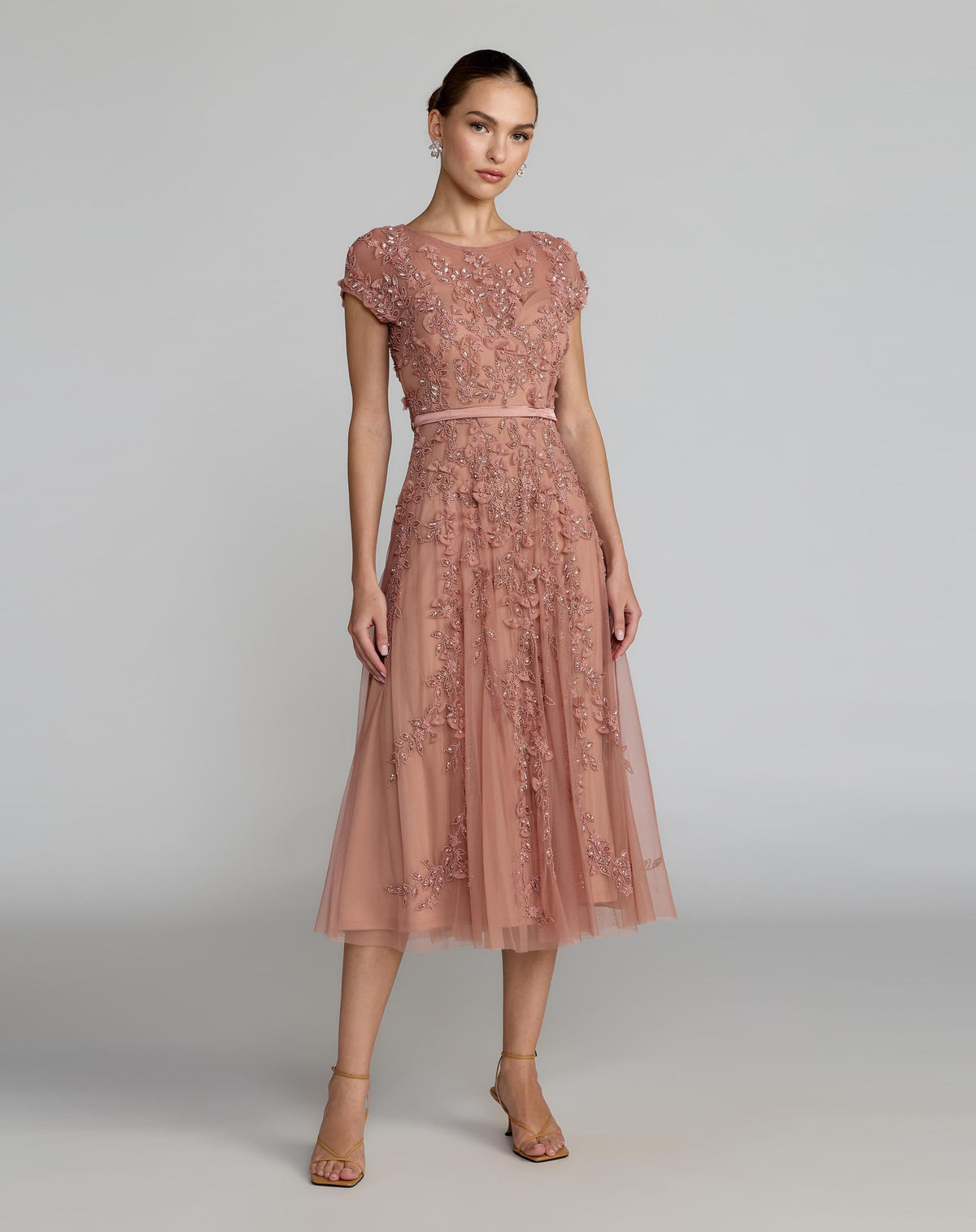 Mac Duggal #94339 Floral Embellished Cap Sleeve Midi Dress Rosewood