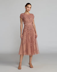 Mac Duggal #94339 Floral Embellished Cap Sleeve Midi Dress Rosewood