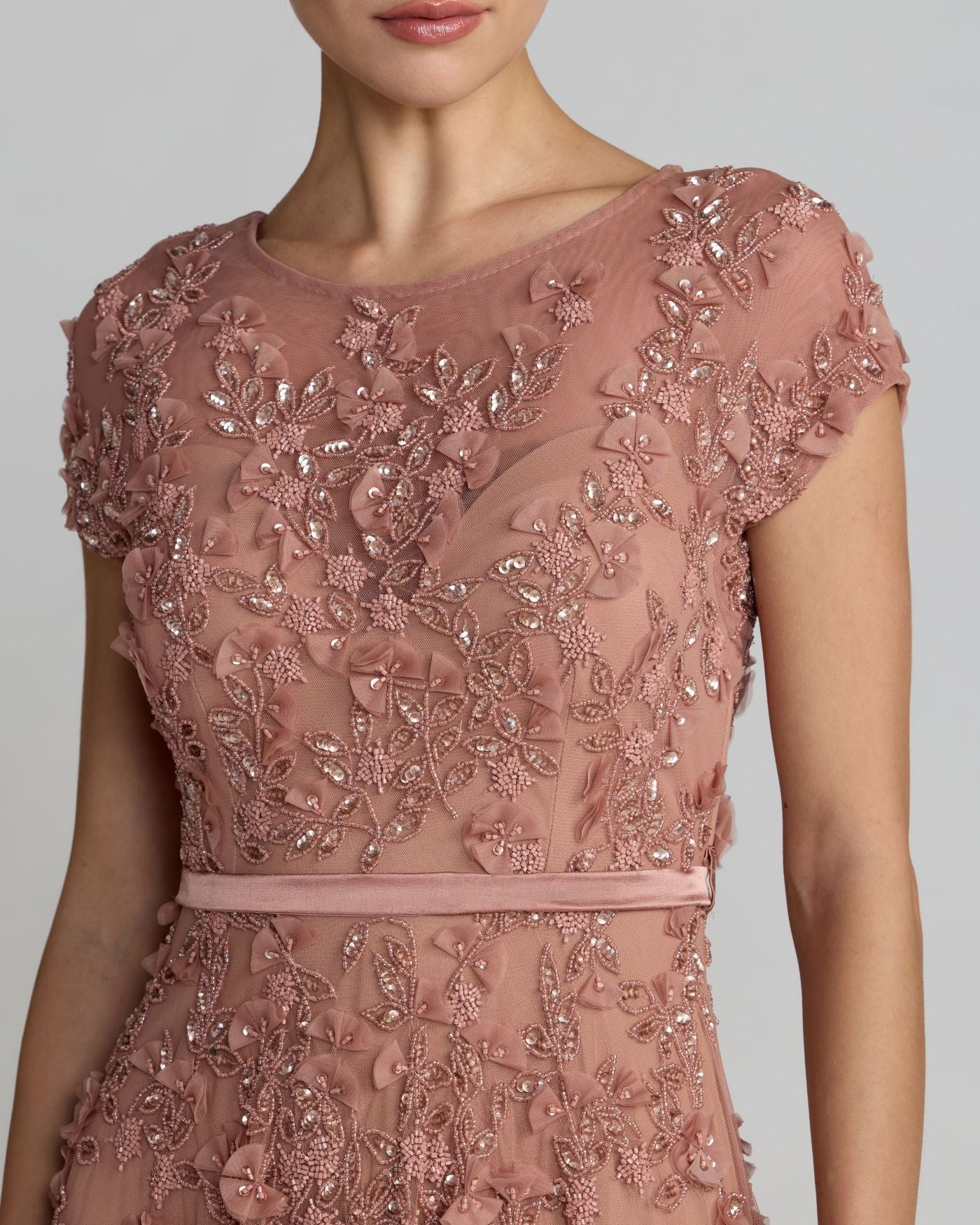 Pink Floral Embellished Cap Sleeve Midi Dress - Rosewood