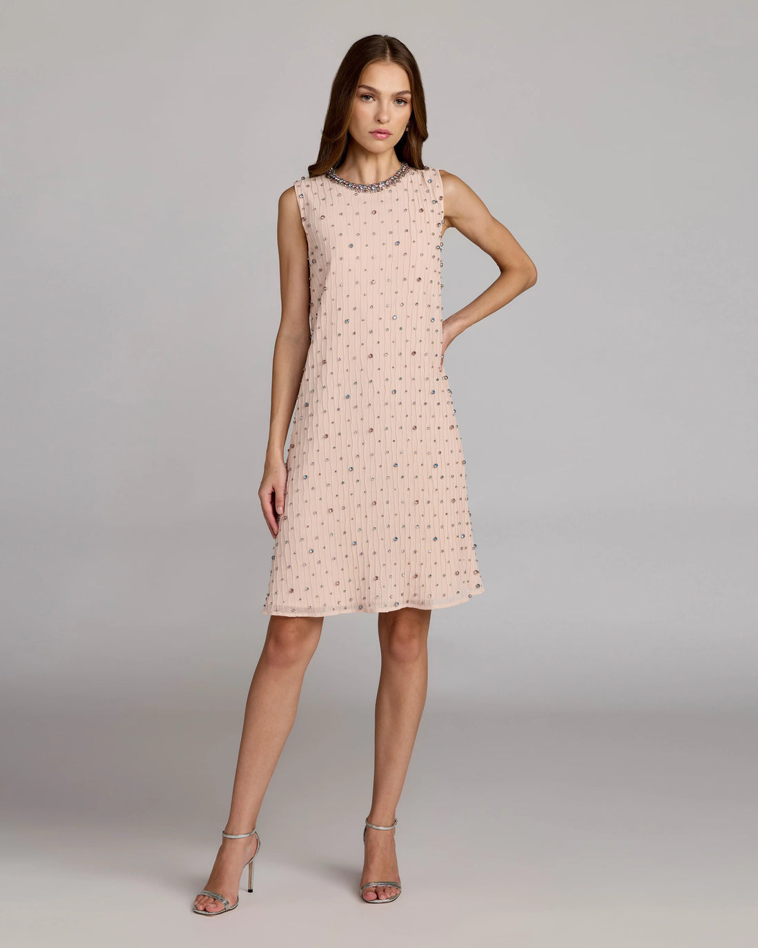 Blush Multi Beaded Georgette Sleeveless Trapeze Mini Dress