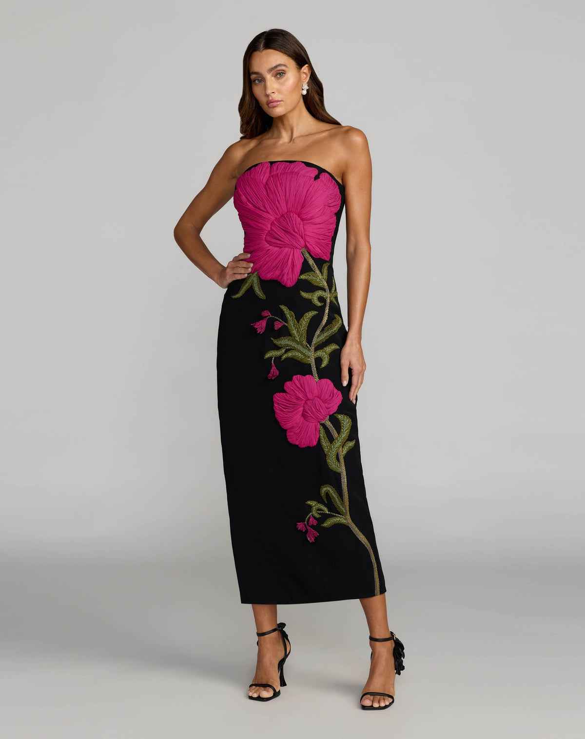Mac Duggal Black Strapless Floral Embroidered Midi Dress Black Multi #94359
