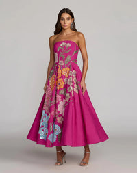 Mac Duggal 94366 Hot Pink Multi Strapless Mikado Midi Dress with Large Sequined Floral Embroidery