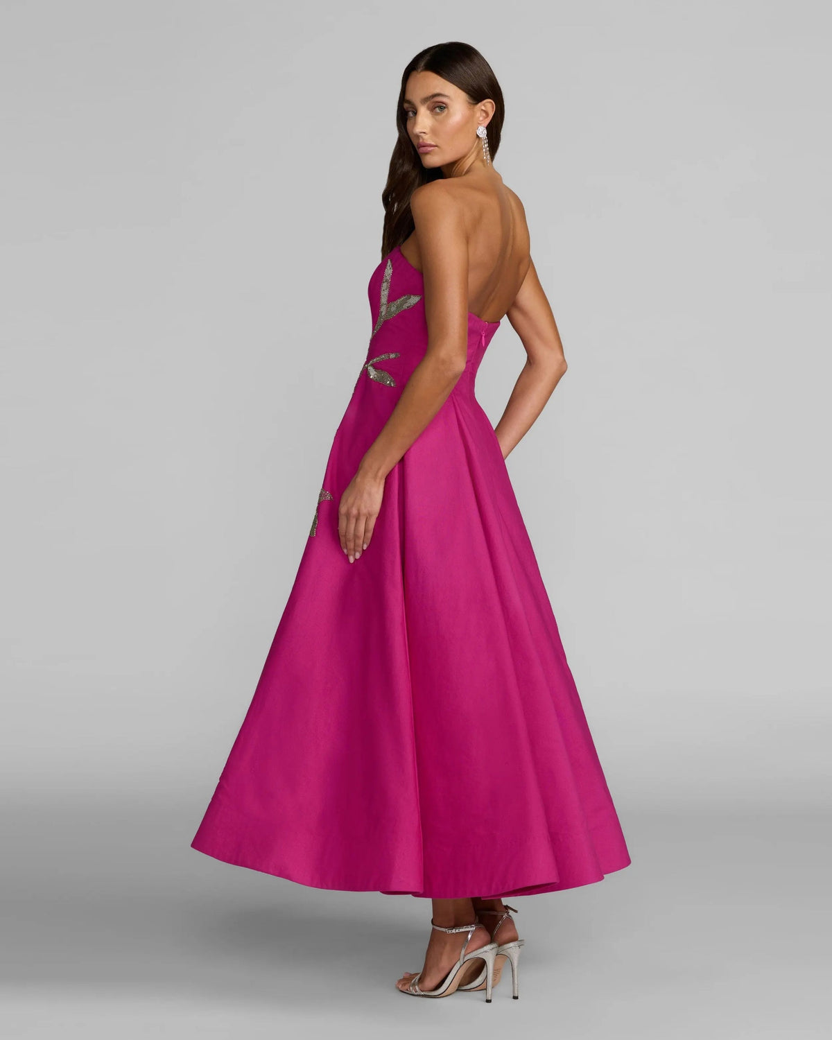 Mac Duggal 94366 Hot Pink Multi Strapless Mikado Midi Dress with Large Sequined Floral Embroidery