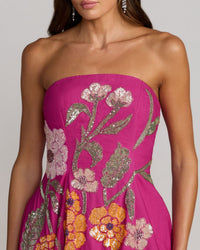 Mac Duggal 94366 Hot Pink Multi Strapless Mikado Midi Dress with Large Sequined Floral Embroidery