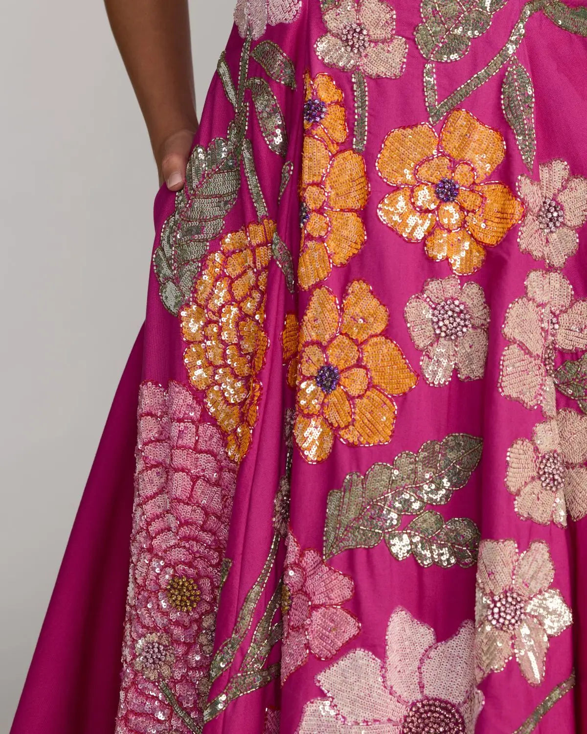 Mac Duggal 94366 Hot Pink Multi Strapless Mikado Midi Dress with Large Sequined Floral Embroidery