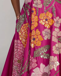 Mac Duggal 94366 Hot Pink Multi Strapless Mikado Midi Dress with Large Sequined Floral Embroidery