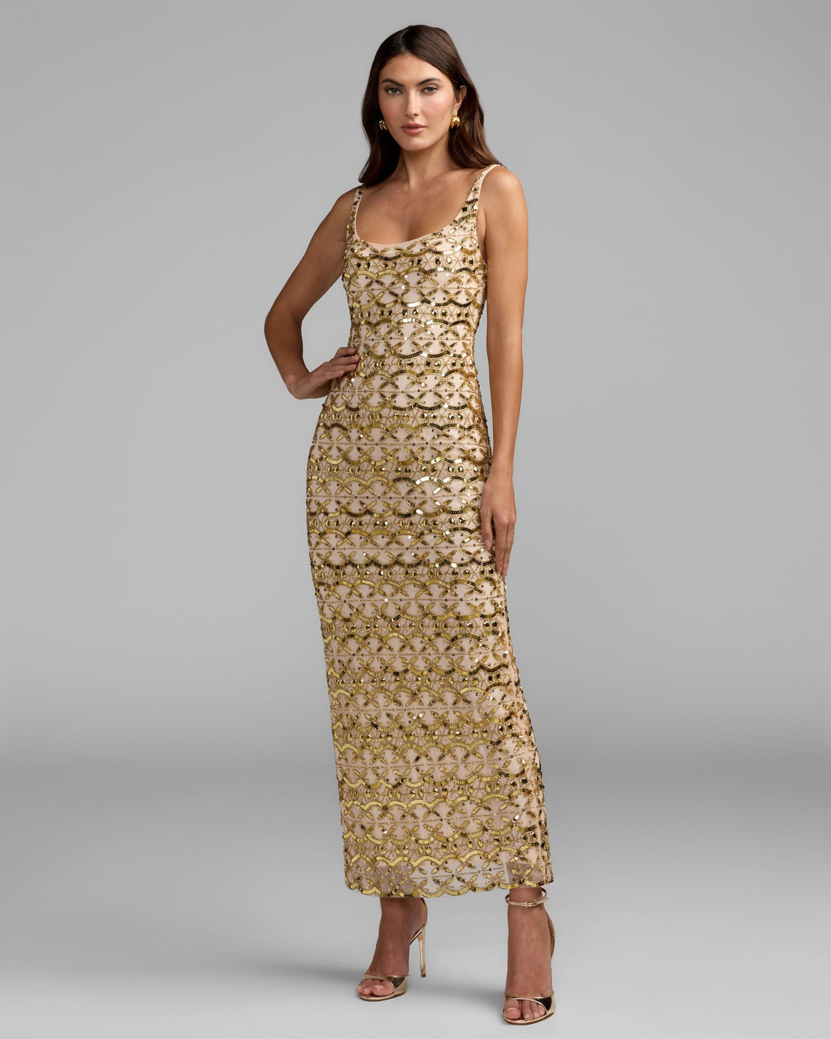 Mac Duggal #94376 nude gold embellished scoop neck column gown