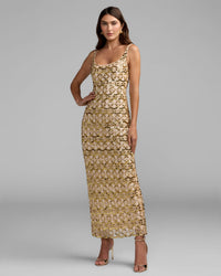 Mac Duggal #94376 nude gold embellished scoop neck column gown